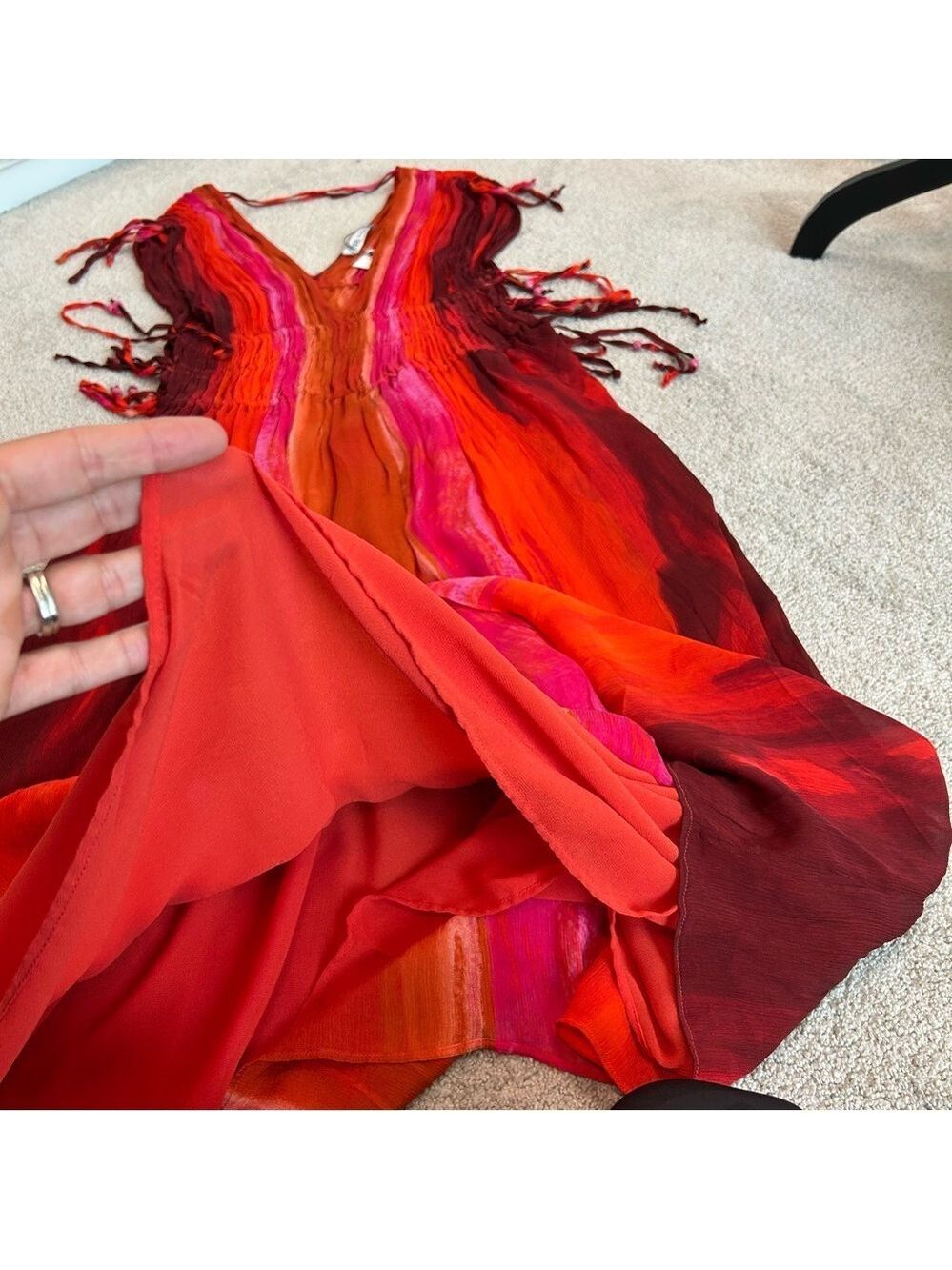 Zara red pink tie-dye BoHo V-neck midi dress Sz M tropical beach vacation NWOT - Picture 13 of 16